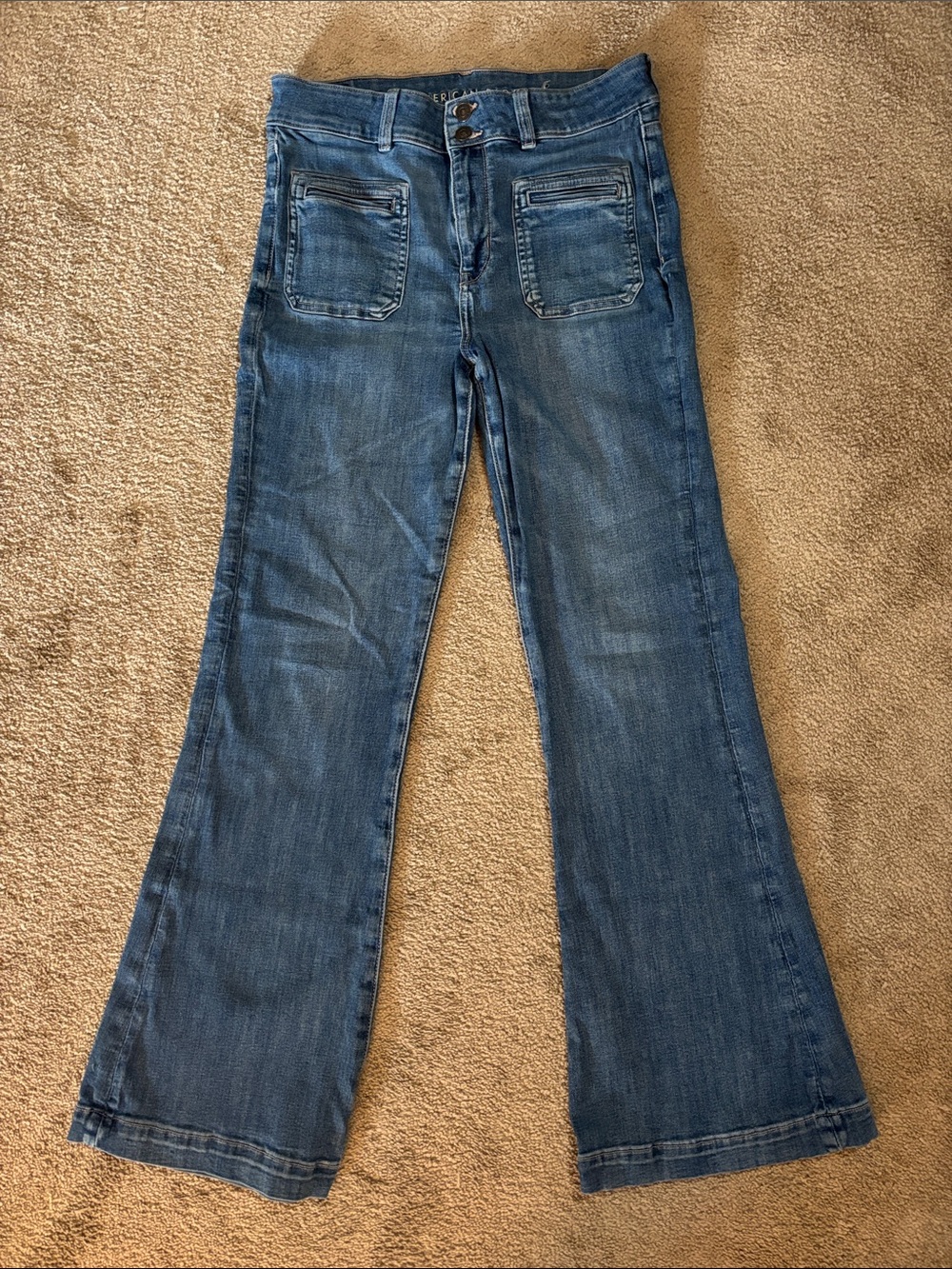 American Eagle Outfitters Medium Blue Flare Jeans with Front Patch Pockets